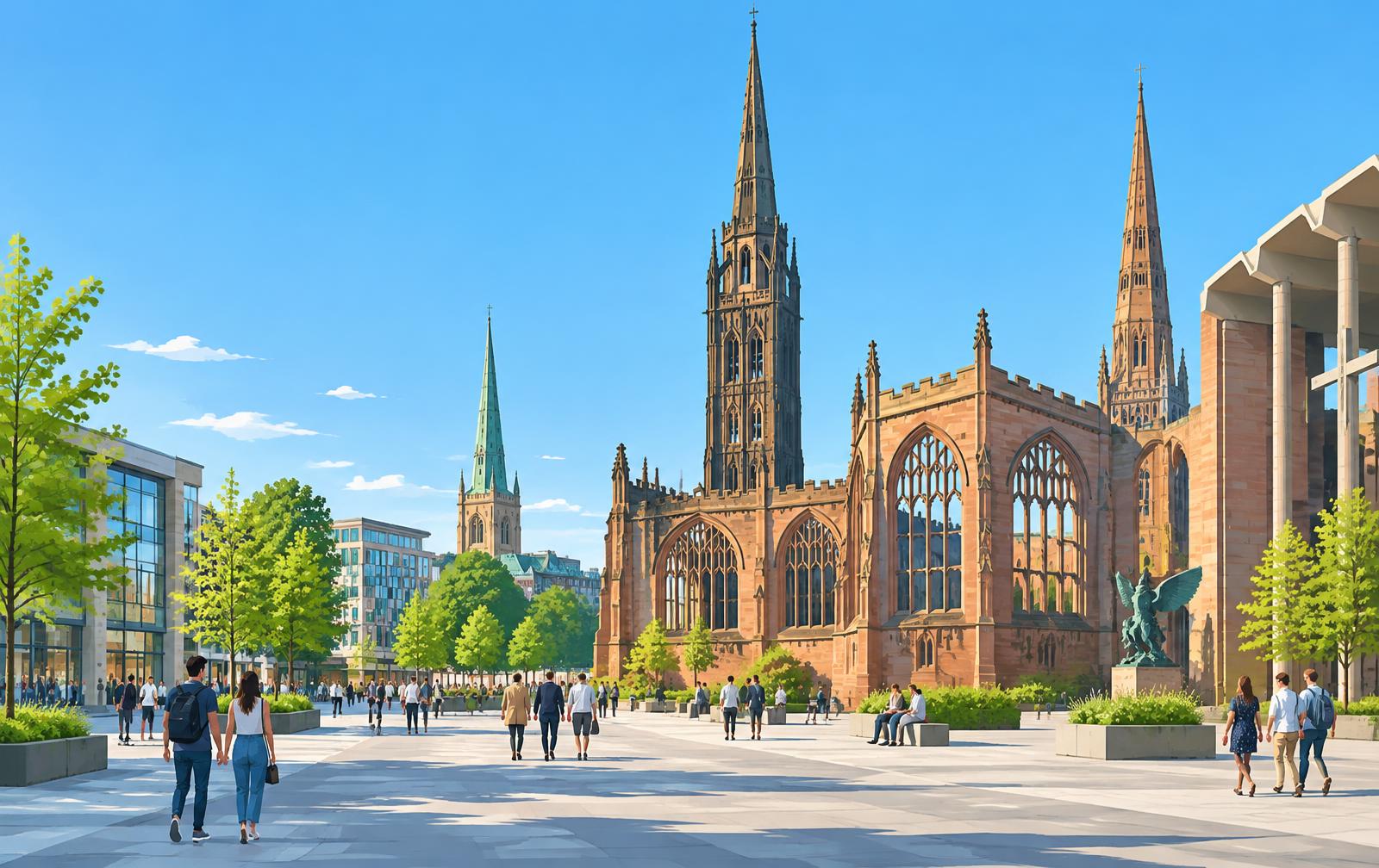 Artist's impression of Coventry city centre, with the ruins of St Michael's Cathedral, the city's three spires and people crossing a pedestrian square